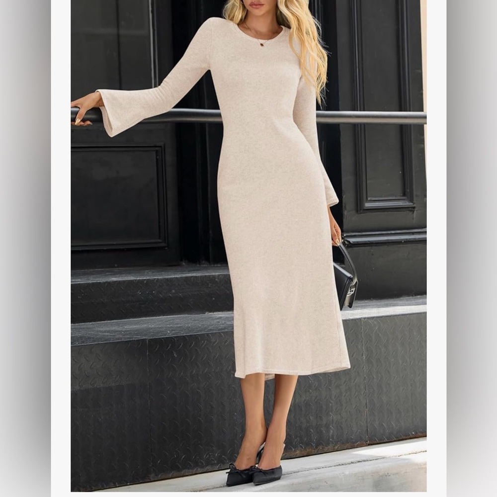 Cream Long-Sleeve Knit Midi Dress